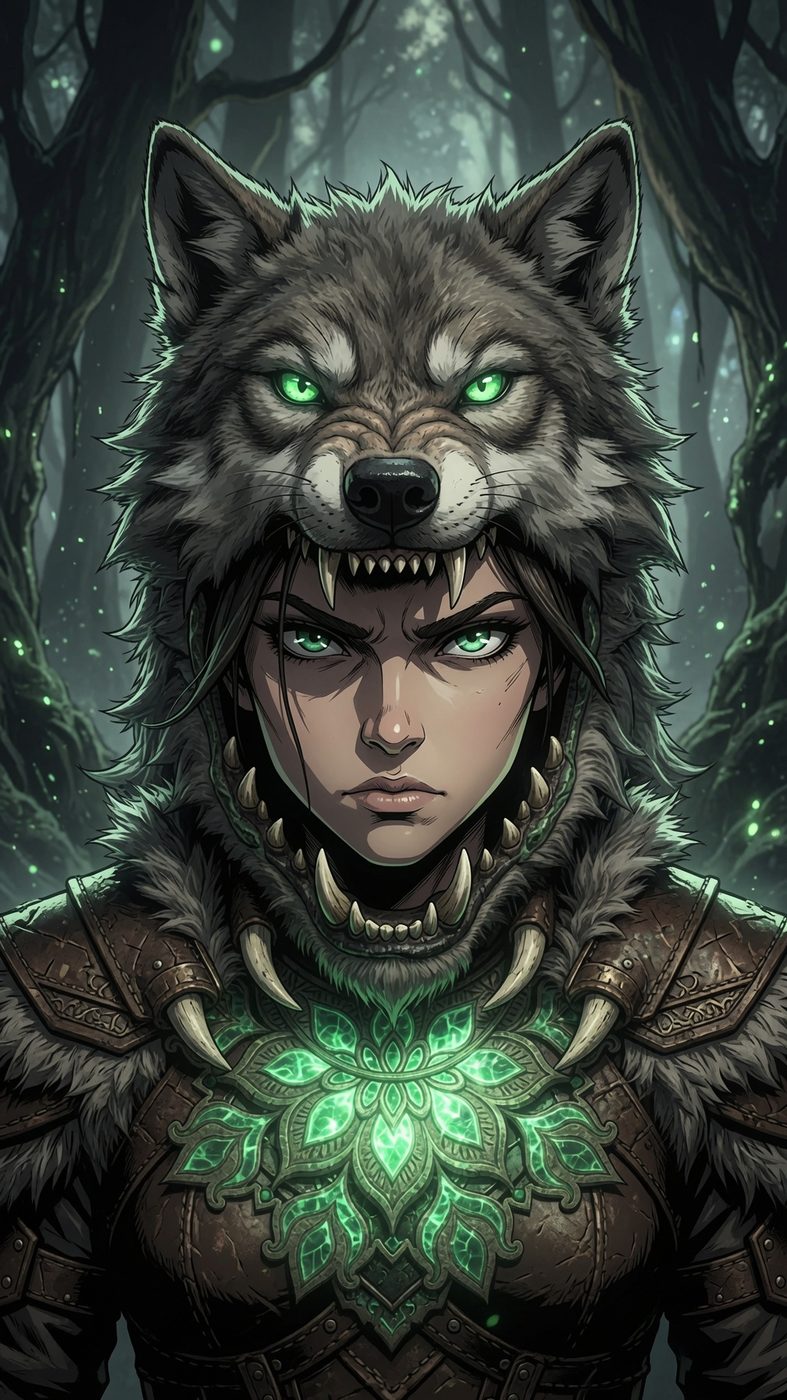 Aelira, an anime warrior in a wolf-pelt hood with glowing green armor