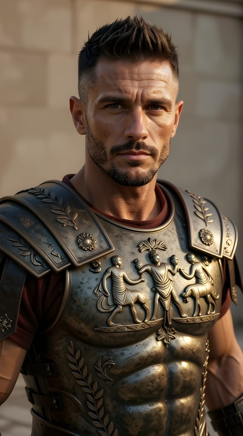 Aries in ornate Roman centurion armor, dramatic light