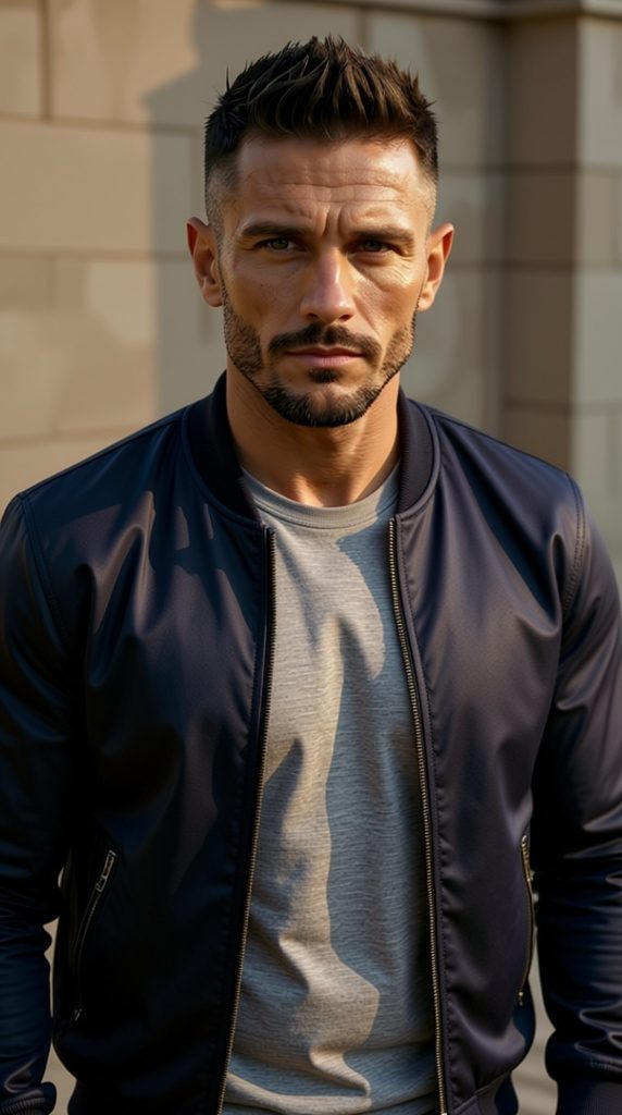 The same man in a modern navy bomber jacket