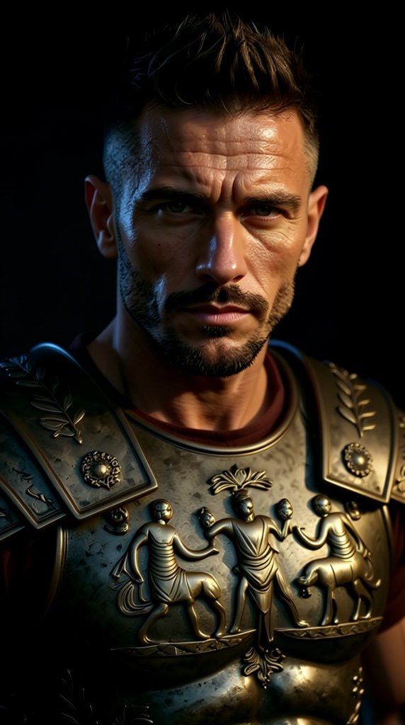 Aries in Roman armor, side portrait against black
