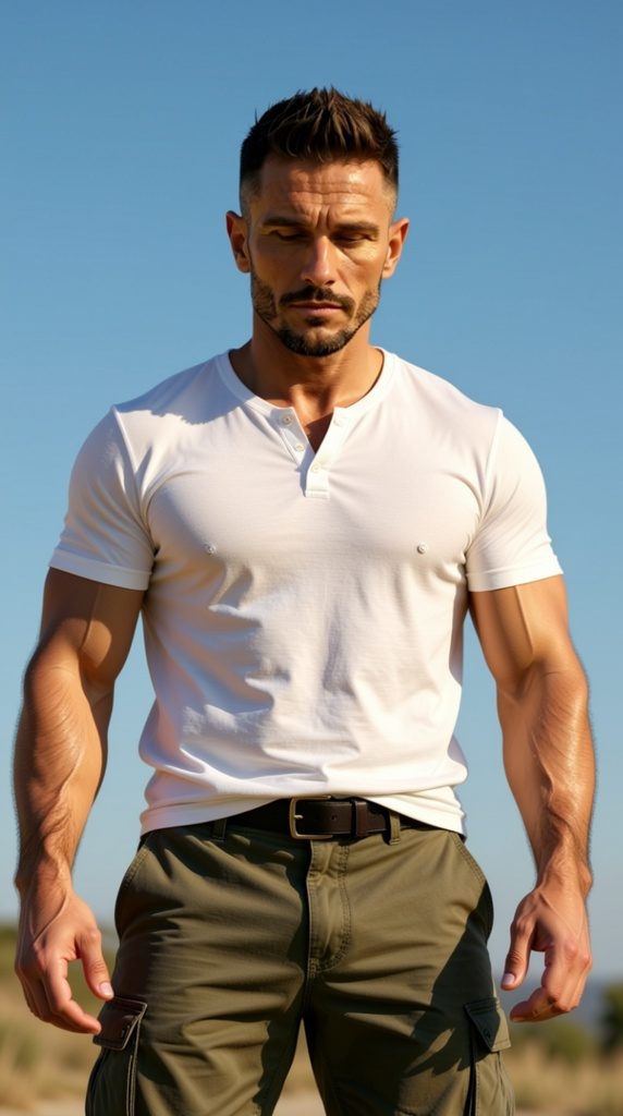 The same man in a modern white henley and cargo pants outdoors