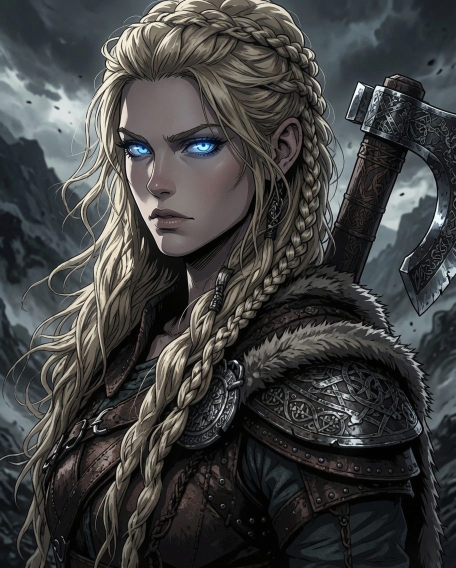 Freya, a comic-ink Viking shield-maiden with a battle axe