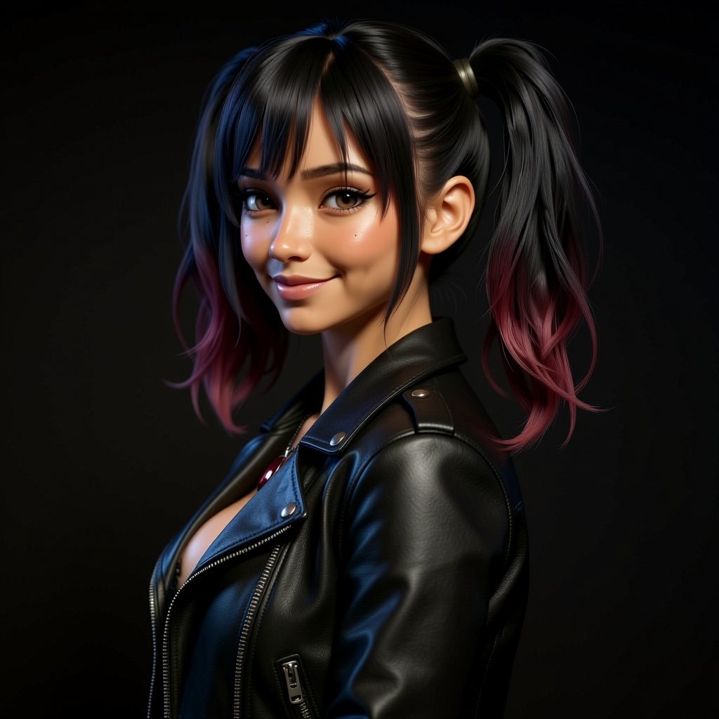 A stylized 2.5D character with two-tone hair in a leather jacket