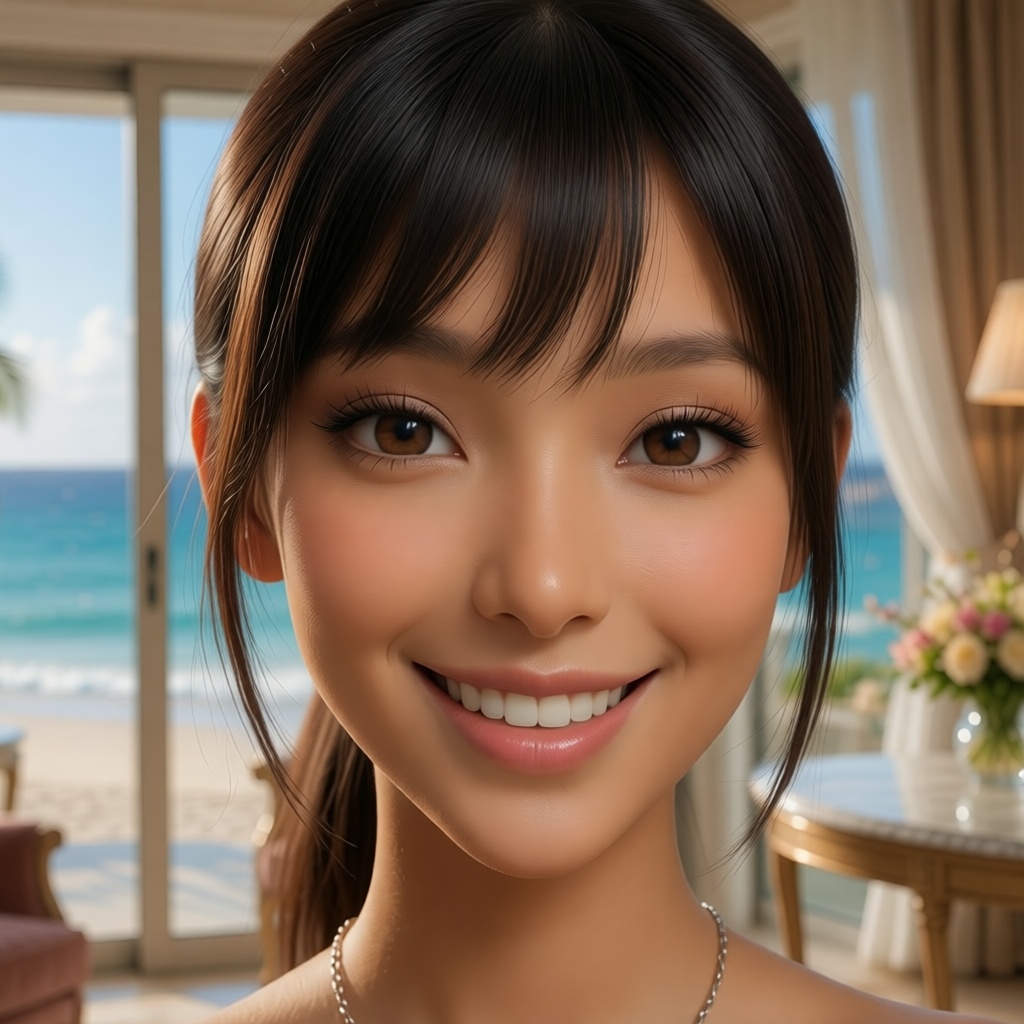 The same character smiling indoors by a beach view