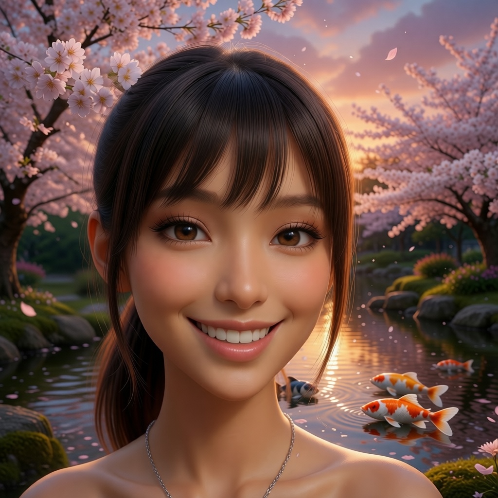 The same character beside a koi pond at sunset