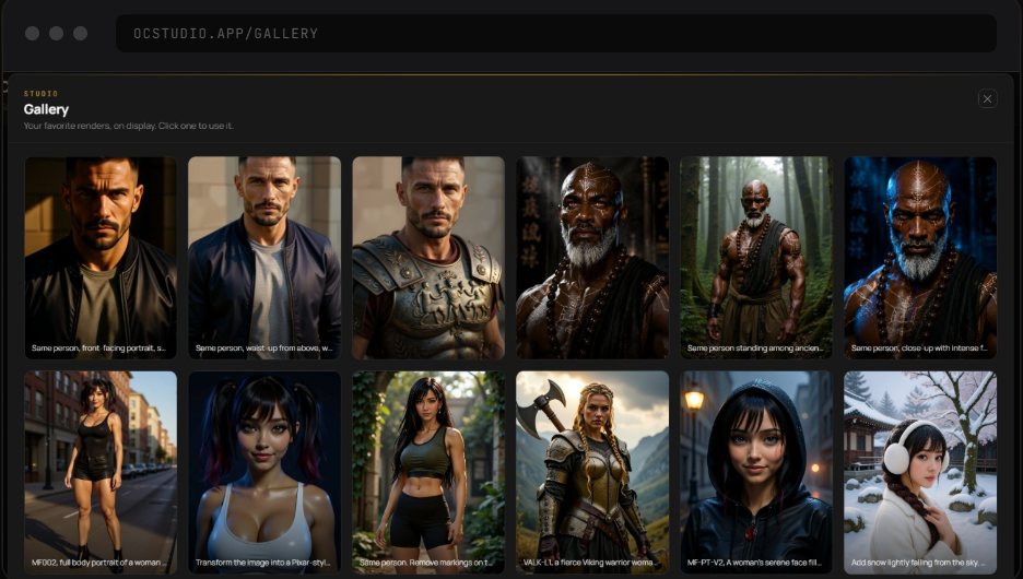 OC Studio Gallery screen: a grid of generated images organized by character