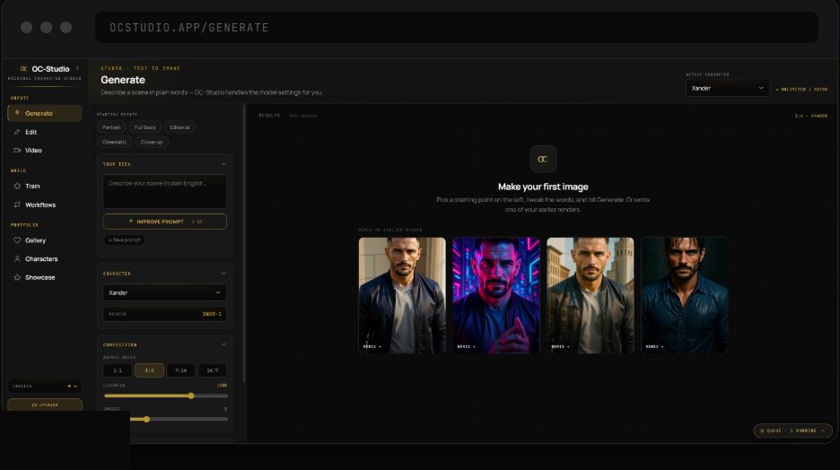 OC Studio Generate screen: a plain-English prompt box, starting-point presets, and character and model pickers