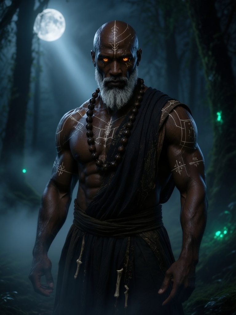The same character in a misty moonlit enchanted forest