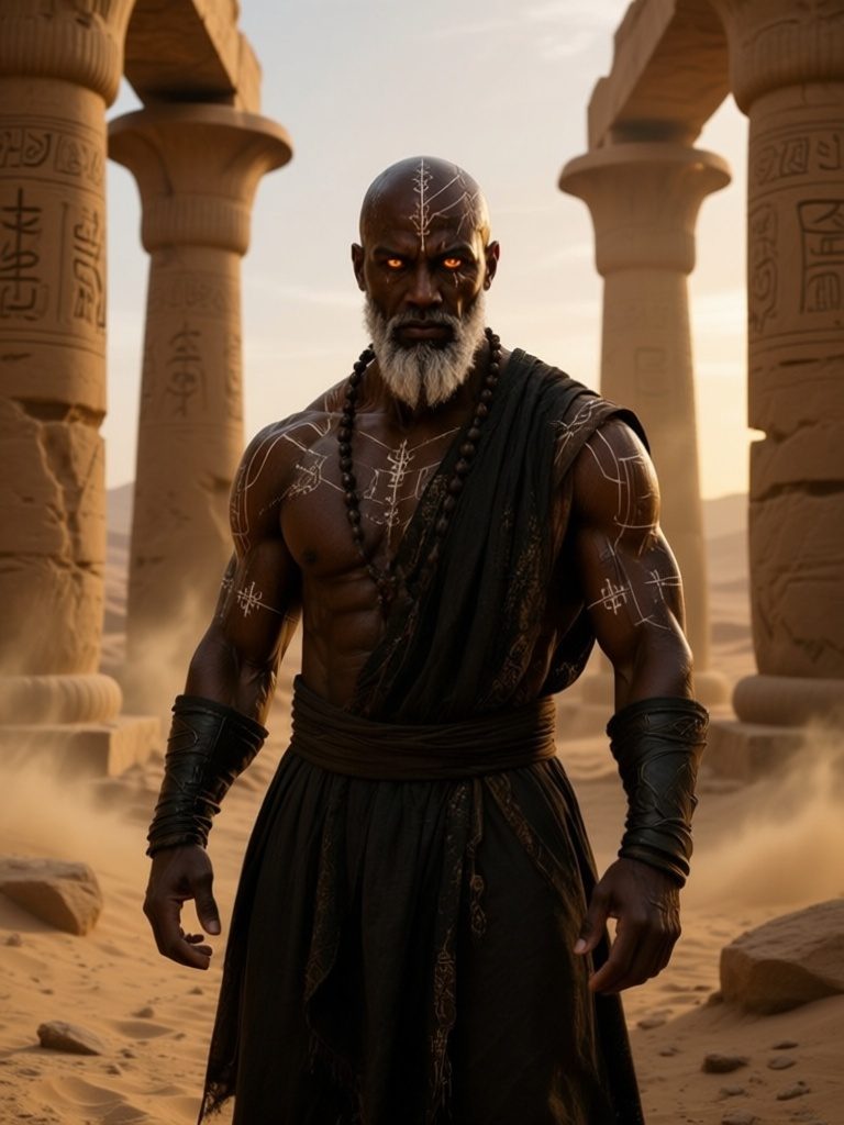 The same character among ancient desert temple ruins at golden hour