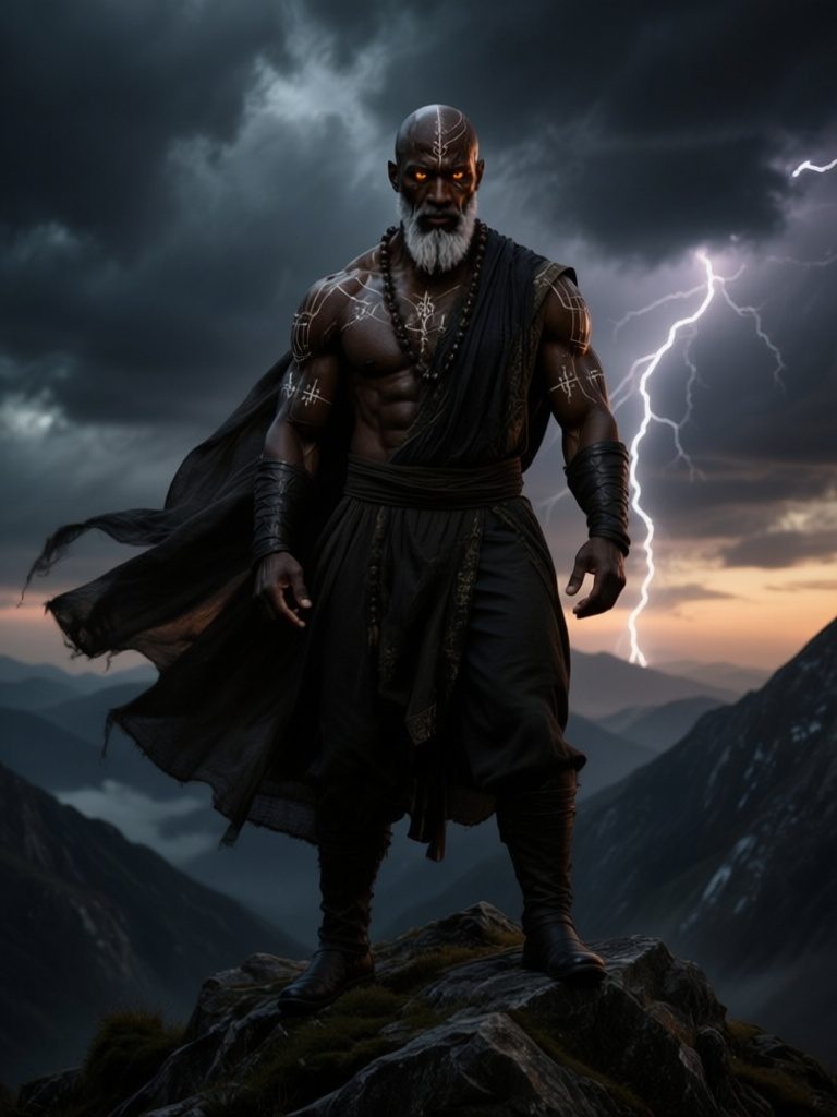 The same character on a storm-lit mountain peak with lightning